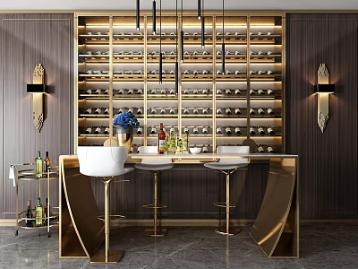 Elegant Bar Counter with Gold Wine Rack Bottles Pendant Lights Bar Stools and Blue Flowers 3d model