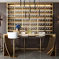 Elegant Bar Counter with Gold Wine Rack Bottles Pendant Lights Bar Stools and Blue Flowers