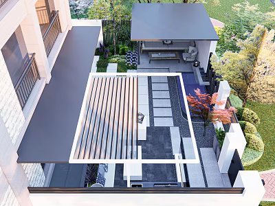 Modern Courtyard Garden Design With Slatted Pergola Stone Path Greenery And Seating Area 3d model