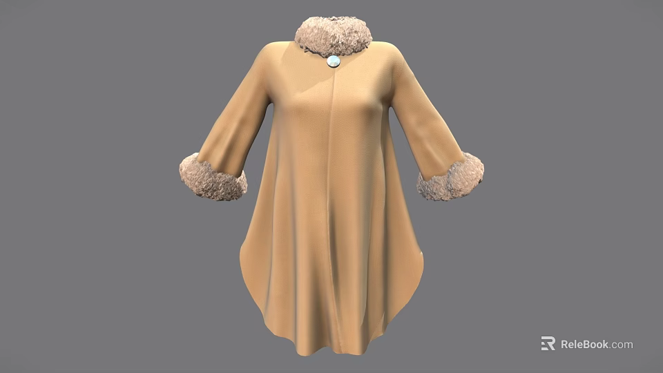 Beige Cape Coat With Fur Collar Cuffs And Decorative Button Design 3d model 