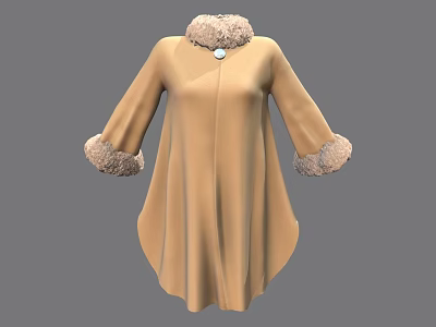 Beige Cape Coat With Fur Collar Cuffs And Decorative Button Design 3d model