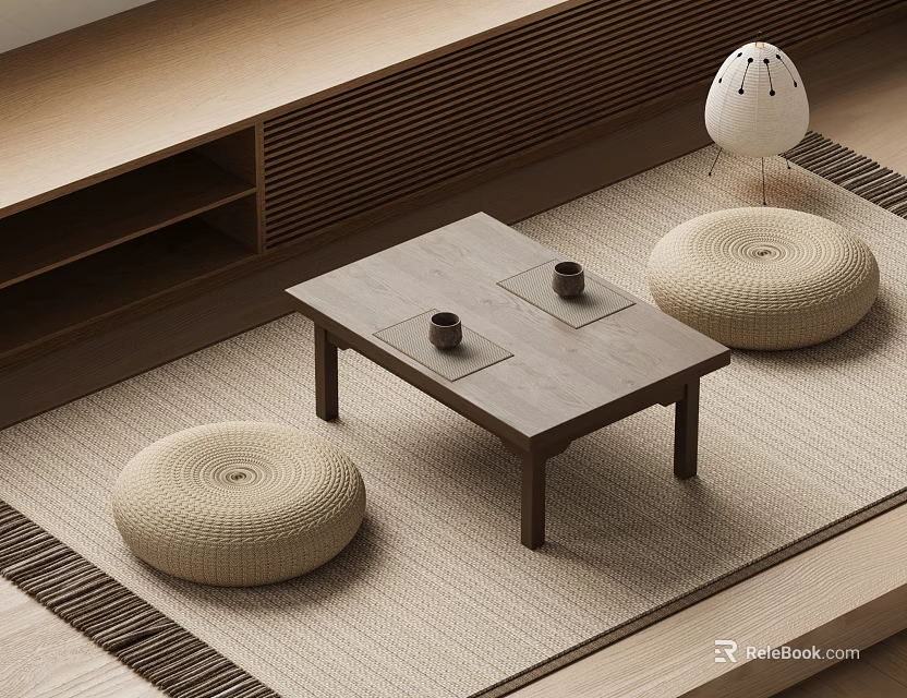 Japanese Style Wooden Tea Table With Round Floor Cushions And White Spherical Lamp 3d model 