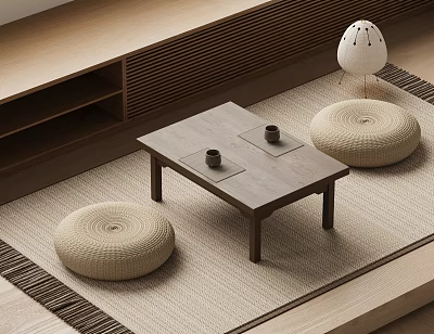 Japanese Style Wooden Tea Table With Round Floor Cushions And White Spherical Lamp 3d model