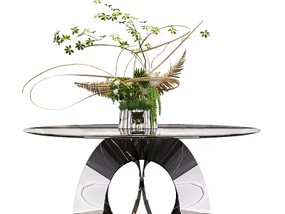Elegant Console Table with Round Glass Top and Black Metal Frame Featuring Green Plant Arrangement 3d model