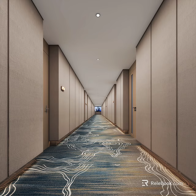 Modern Hotel Corridor With Long Design Doors On Both Sides Wavy Pattern Carpet Lighting 3d model