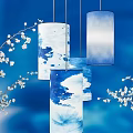 Blue And White Ink Style Pendant Lights With White Blossom Branches On Blue Background