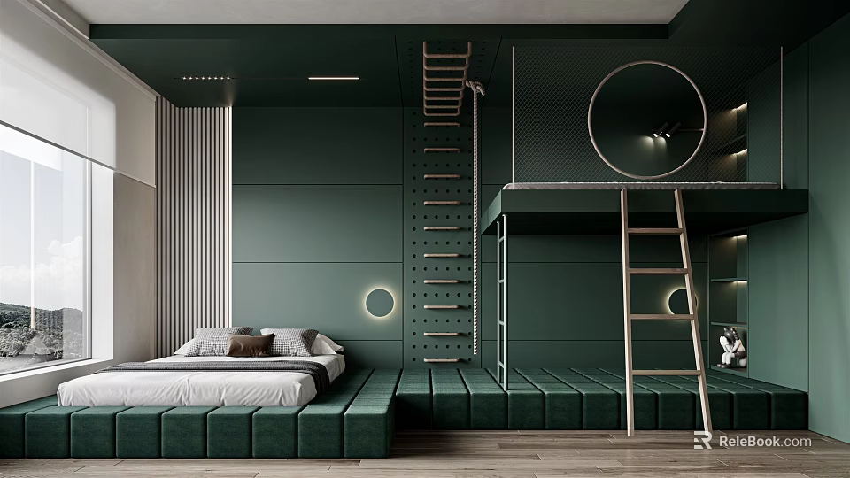 Kids Room Interior With Dark Green Walls Loft Bed Ladder Round Mirror And Wooden Floor 3d model 