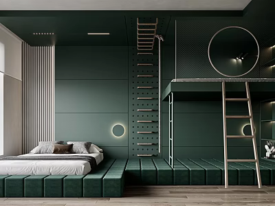 Kids Room Interior With Dark Green Walls Loft Bed Ladder Round Mirror And Wooden Floor 3d model