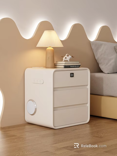White Bedside Table With Drawers Table Lamp With Wooden Base Books And Circular Wall Lights 3d model 