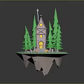 Fairy Tale Small House On Floating Island With Pointed Roof Green Pines And Decorative Steps