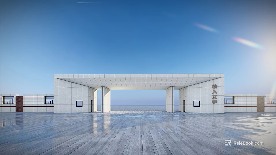 Modern Entrance Gate With White Sleek Structure And Smooth Floor Under Blue Sky 3d model 