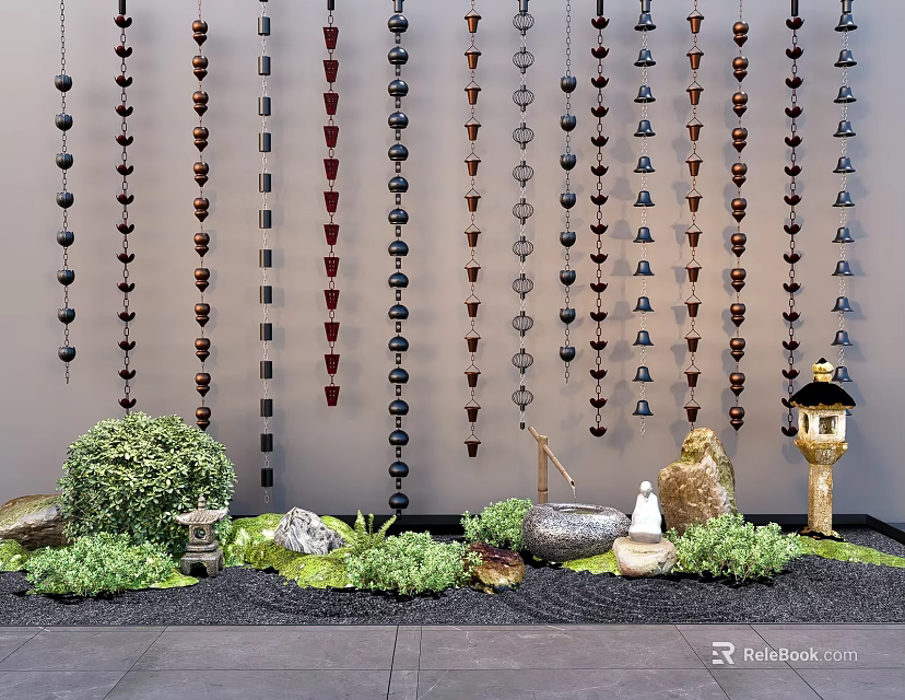 Interior Landscape Design With Hanging Ornaments Green Shrubs Stones And Stone Lantern 3d model 