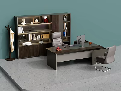 Modern Office Desk With Computer Office Chair And Bookshelf With Books Decorations 3d model
