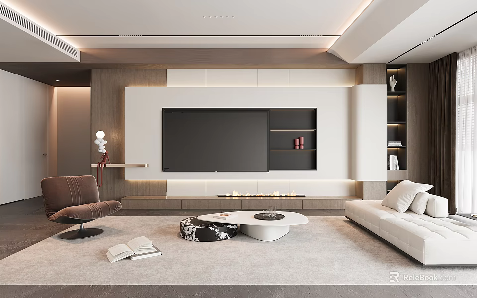 Modern Elegant Living Room With Built In TV Wall Soft Sofa And Warm Ambient Lighting 3d model 