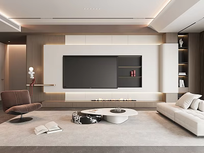 Modern Elegant Living Room With Built In TV Wall Soft Sofa And Warm Ambient Lighting 3d model