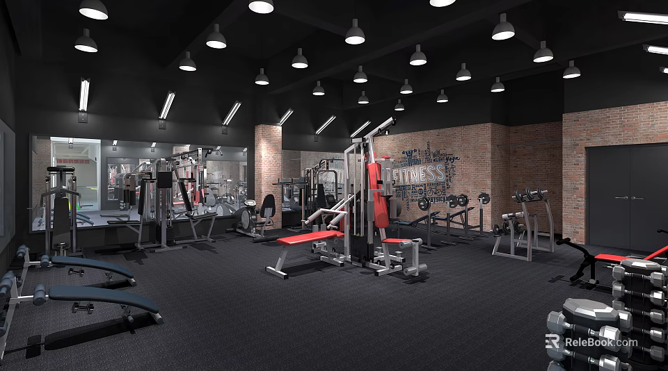 Modern Fitness Gym Interior with Various Workout Equipment Brick Walls Mirrors and Ceiling Lights 3d model 