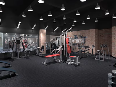 Modern Fitness Gym Interior with Various Workout Equipment Brick Walls Mirrors and Ceiling Lights 3d model