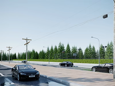 Well Designed Road Infrastructure with Street Lights Cars and Green Trees 3d model