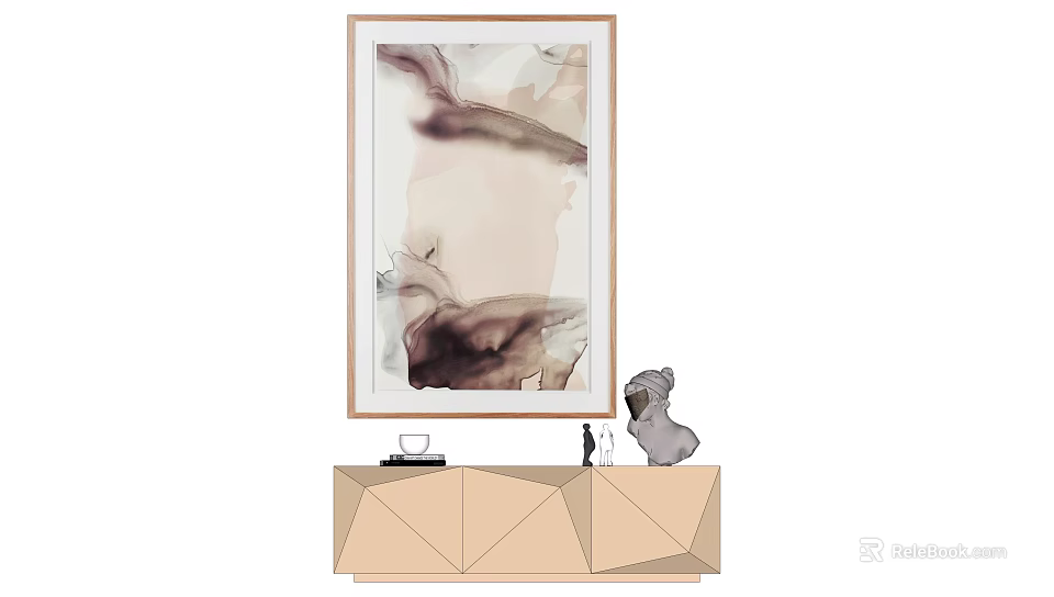 Abstract Painting With Soft Tones Hanging Above Geometric Cabinet And Decorative Sculpture 3d model 