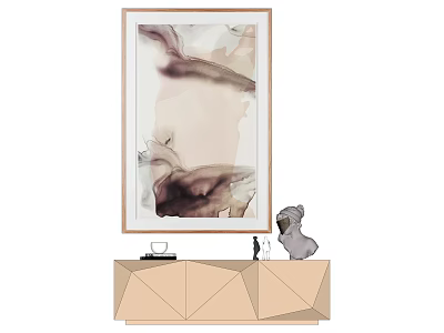 Abstract Painting With Soft Tones Hanging Above Geometric Cabinet And Decorative Sculpture 3d model