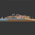 Cartoon Island Scene With Colorful Houses Boats Sandy Beach And Blue Ocean