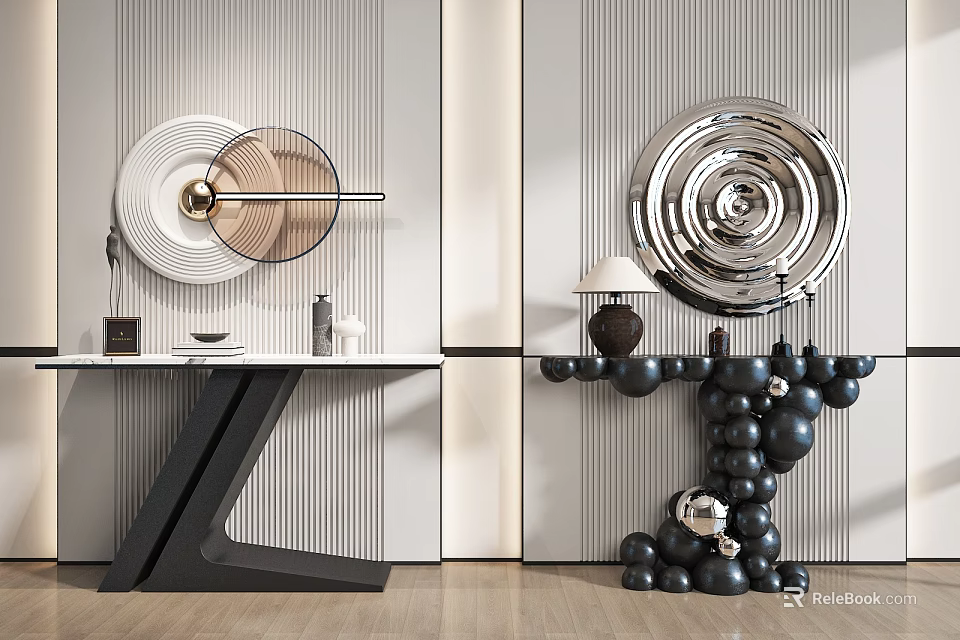 Modern Minimalist Console Table with Circular Mirror Metallic Decor and Black Spherical Base 3d model