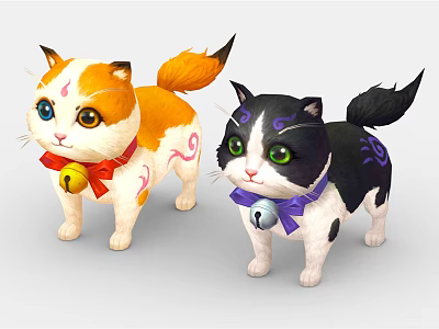 Two Cute Orange White and Black White Cats With Red Purple Bells And Colorful Patterns 3d model