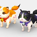 Two Cute Orange White and Black White Cats With Red Purple Bells And Colorful Patterns