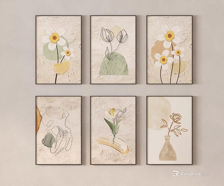 Six Minimalist Floral Paintings with Botanical Elements for Modern Home Wall Decor 3d model 