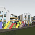 Modern White Multistory School Buildings Featuring Large Glass Windows Colorful Geometric Decorations And Green Lawn