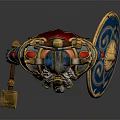 Mythical Character In Elaborate Blue Gold Armor With Ornate Headdress Red Mask Shield And Lantern