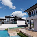 Modern Luxury Townhouse Exterior With Waterfront Pool Outdoor Terrace And Large Glass Windows