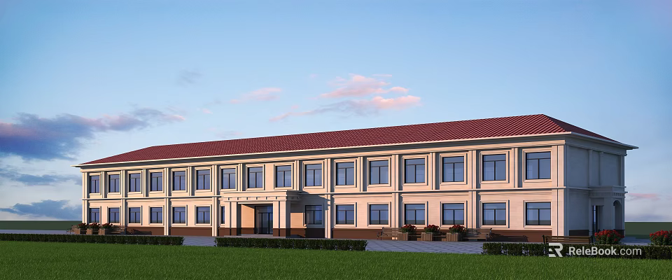 Classic Office Building With Red Roof Light-Colored Walls Multiple Windows And Front Lawn And Entrance 3d model 