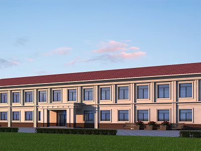 Classic Office Building With Red Roof Light-Colored Walls Multiple Windows And Front Lawn And Entrance 3d model
