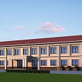 Classic Office Building With Red Roof Light-Colored Walls Multiple Windows And Front Lawn And Entrance