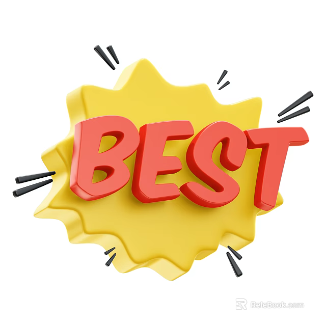BEST Word In Red 3D Letters On Yellow Explosion Shape Background With Black Lines Decoration 3d model 