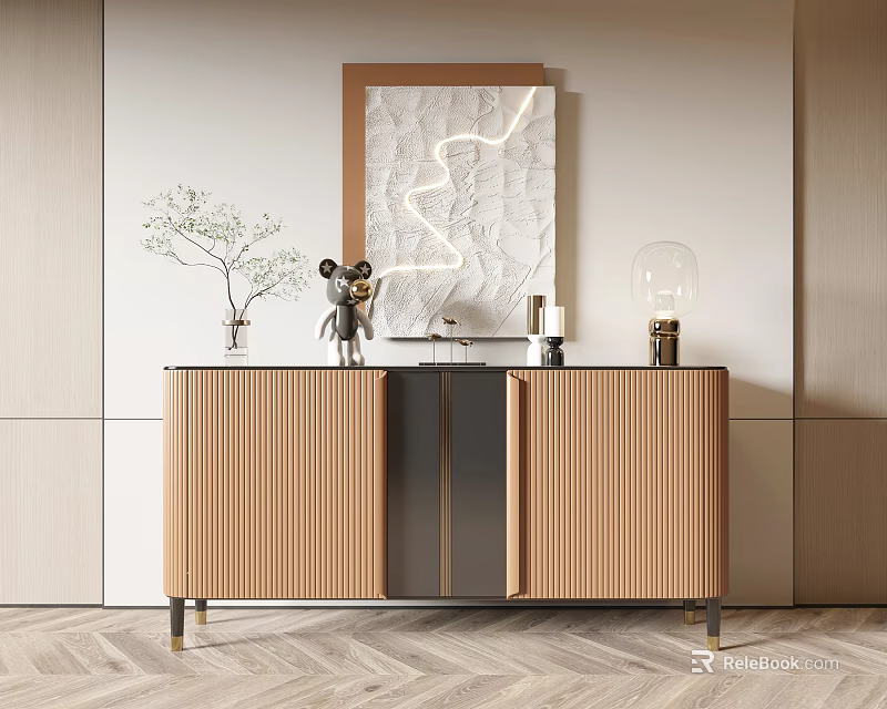 Modern Entryway Cabinet Sideboard With Wooden Texture Metal Legs Decorative Vase Figurine And Wall Art 3d model 