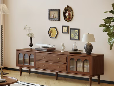 Retro Solid Wood TV Cabinet With Arched Glass Doors And Spacious Storage For Living Room 3d model