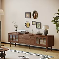 Retro Solid Wood TV Cabinet With Arched Glass Doors And Spacious Storage For Living Room