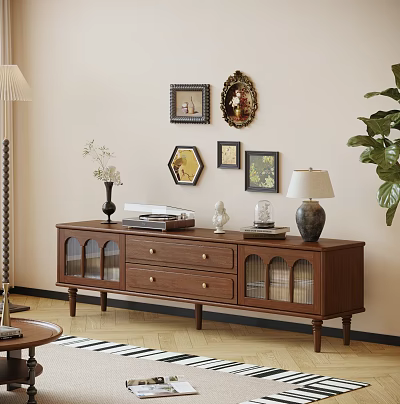 Retro Solid Wood TV Cabinet With Arched Glass Doors And Spacious Storage For Living Room 3d model