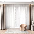Beige Curtains And White Sheer Drapes With Accent Chair Side Table And Rug In Room