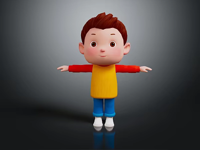 3D Game And Movie Character With Brown Hair Yellow Red Shirt Blue Pants Arms Outstretched 3d model