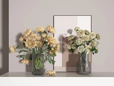 Transparent Glass Vases With Yellow Chrysanthemums And White Roses On Shelf With Geometric Mirror 3d model