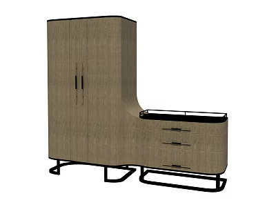 Modern Wardrobe With Wooden Texture And Attached Drawers On Black Metal Legs 3d model