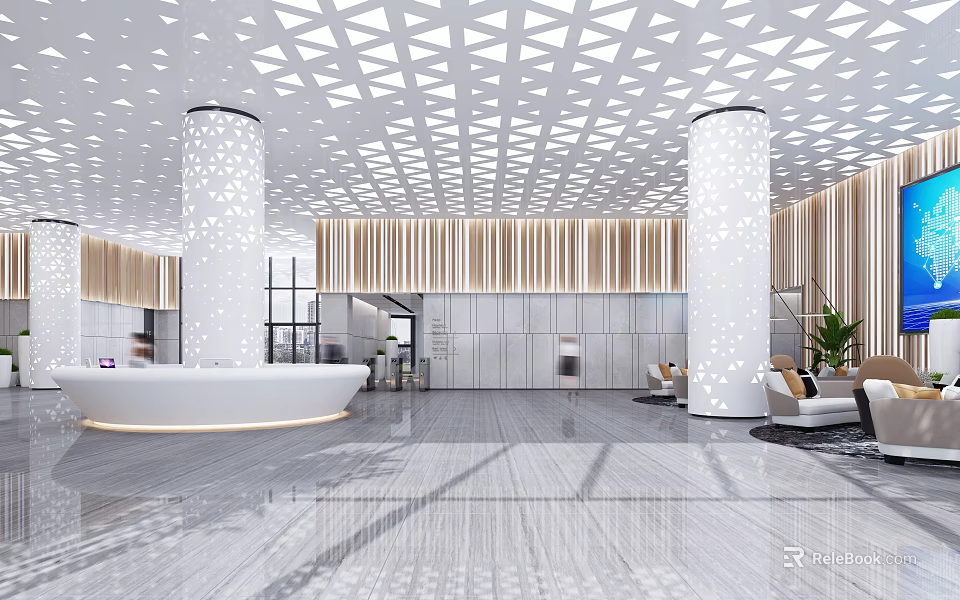 Modern Front Desk Reception Interior With Ceiling Design White Columns Marble Floor And Seating Area 3d model 