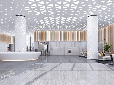 Modern Front Desk Reception Interior With Ceiling Design White Columns Marble Floor And Seating Area 3d model