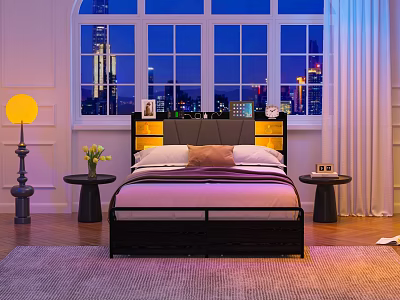 Double Bed with Black Headboard Side Tables Yellow Floor Lamp City Night View through Window 3d model