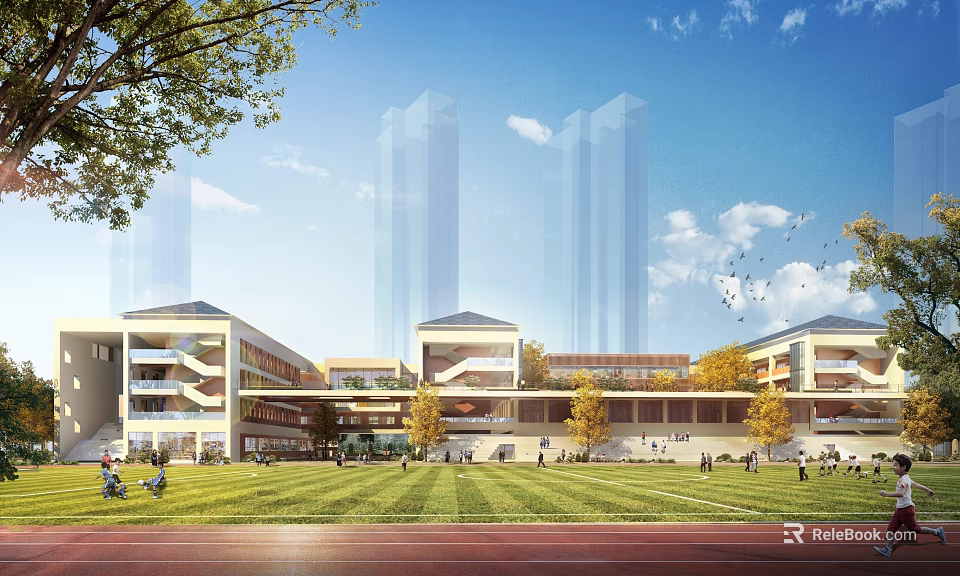 Modern School Building Campus Design With Green Lawn Track Field And Trees Under Blue Sky 3d model 