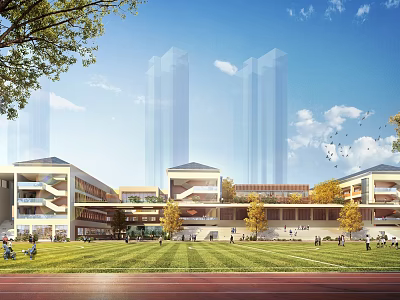 Modern School Building Campus Design With Green Lawn Track Field And Trees Under Blue Sky 3d model