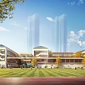 Modern School Building Campus Design With Green Lawn Track Field And Trees Under Blue Sky